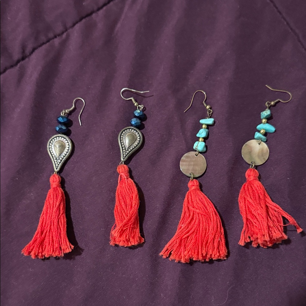 Red Tassel Earrings with Blue and Turquoise Accents